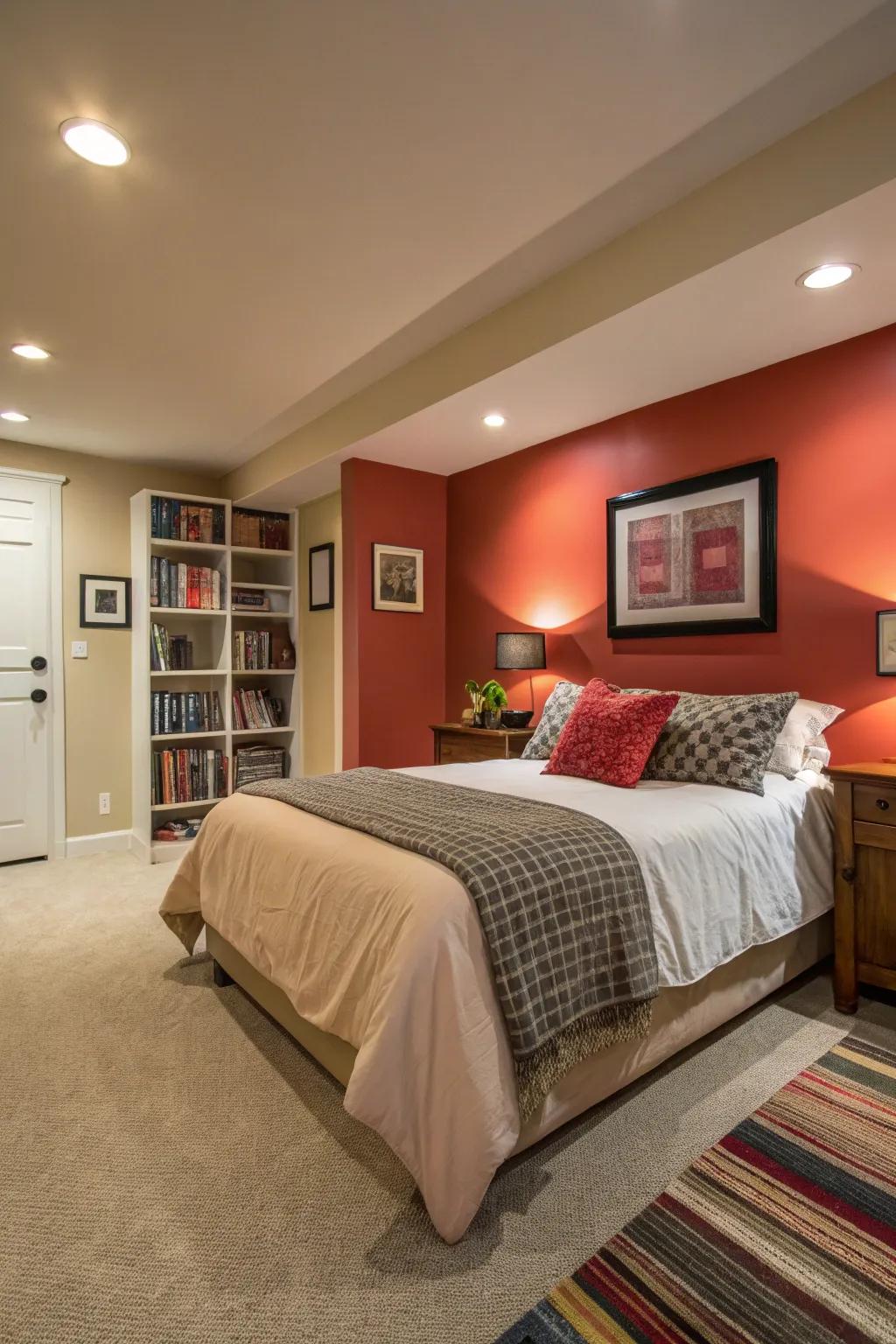 A wall focus can create an amazing feel in your basement bedroom.