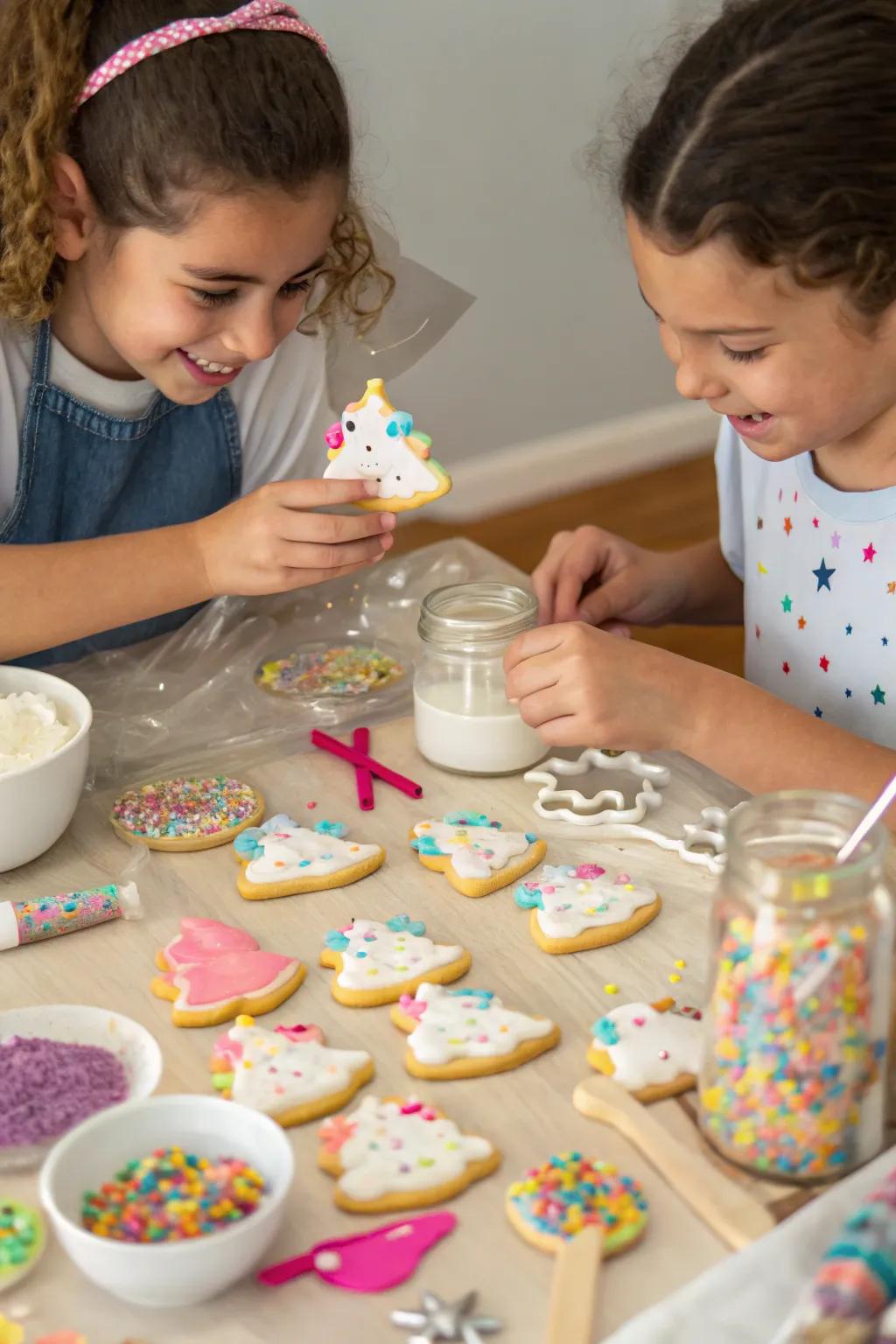 Youngsters embellishing unicorn biscuits with bright glacé.