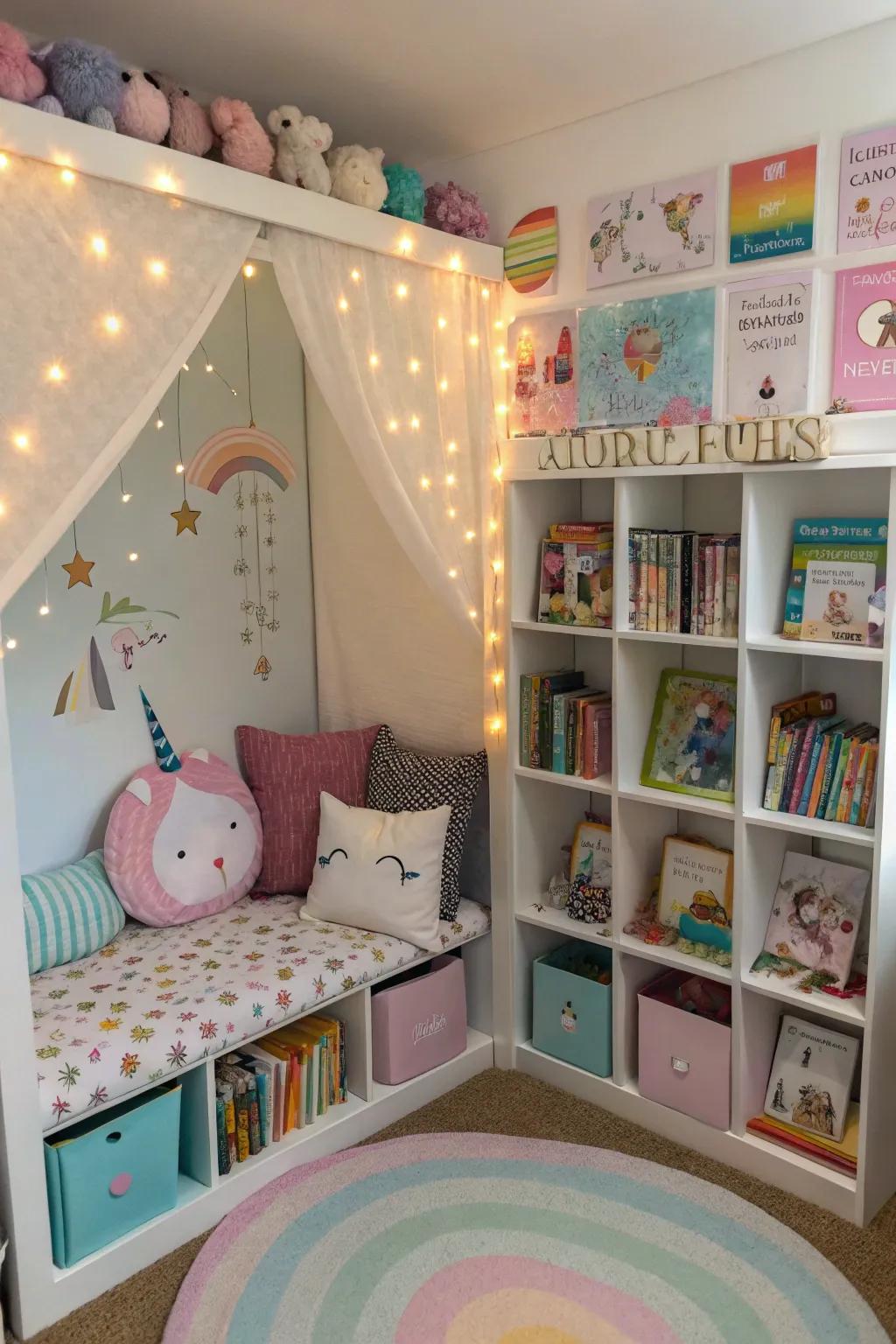 A cozy book nook with unicorn-themed decor.