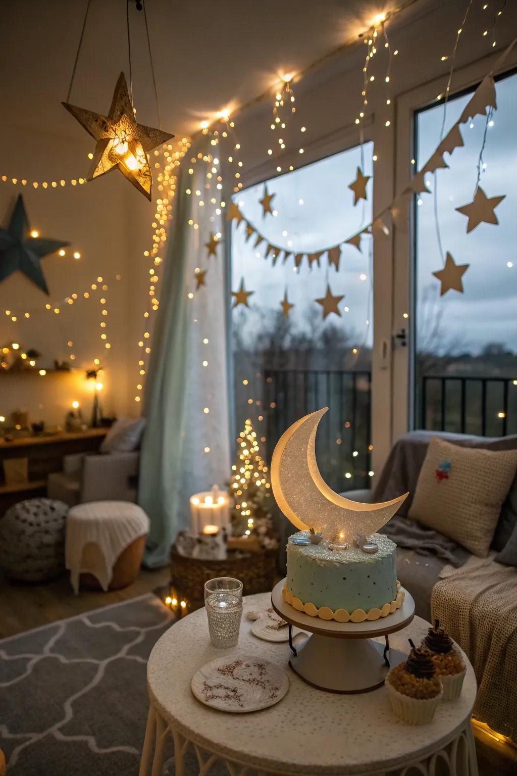 Gaze into a starry wonderland with twinkling lights and celestial charm.