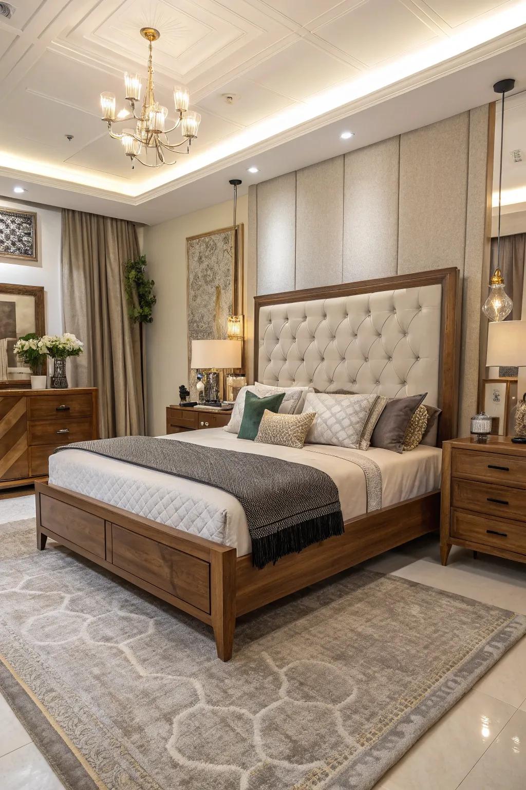 Blending materials crafts a distinct and modern bedroom look.