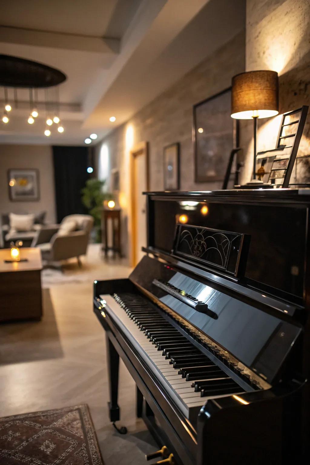 An artistic living space featuring an upright piano highlighted by dramatic statement lighting.