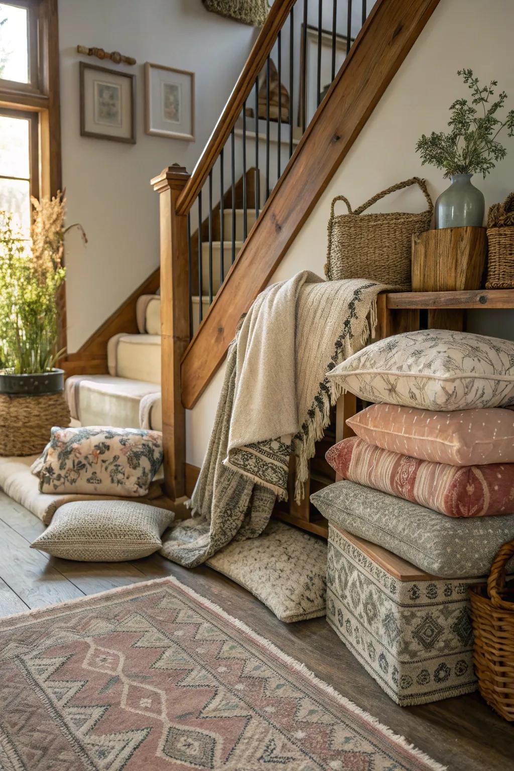 Layered textures add depth and richness to the upper hallway.