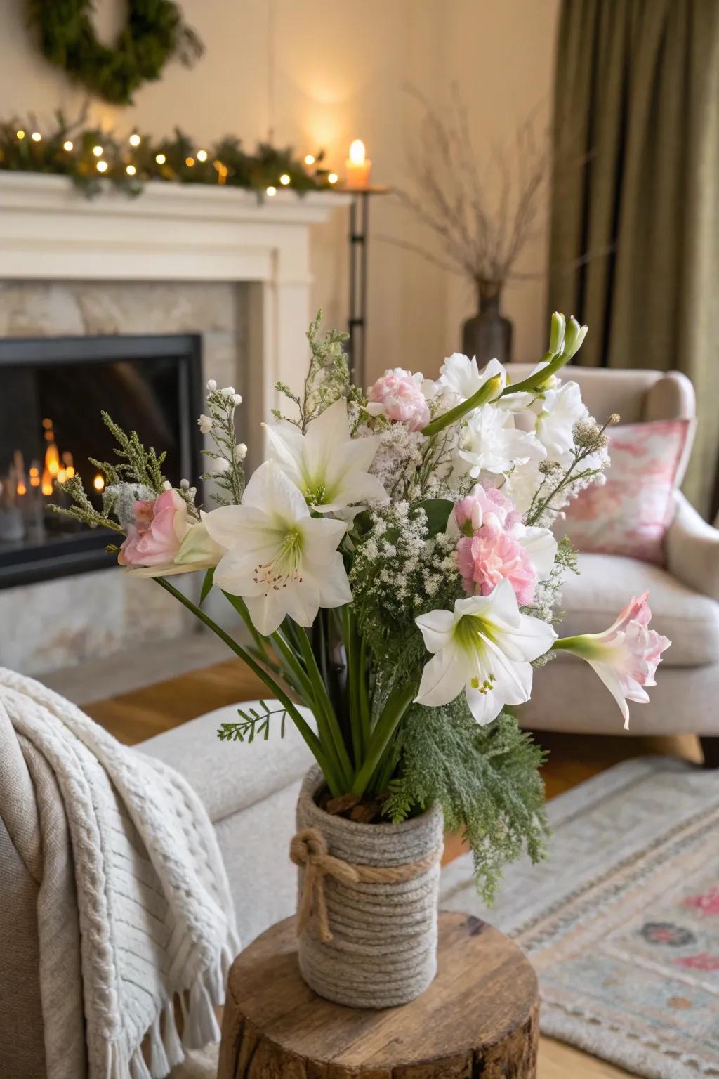 Display featuring season-inspired winter blooms.