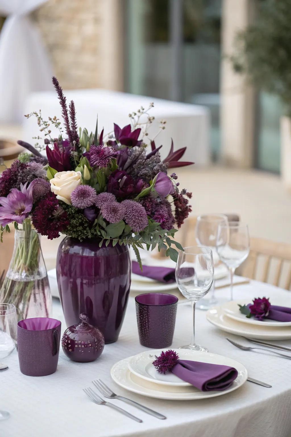 A single-color centerpiece offers sleek modern elegance.