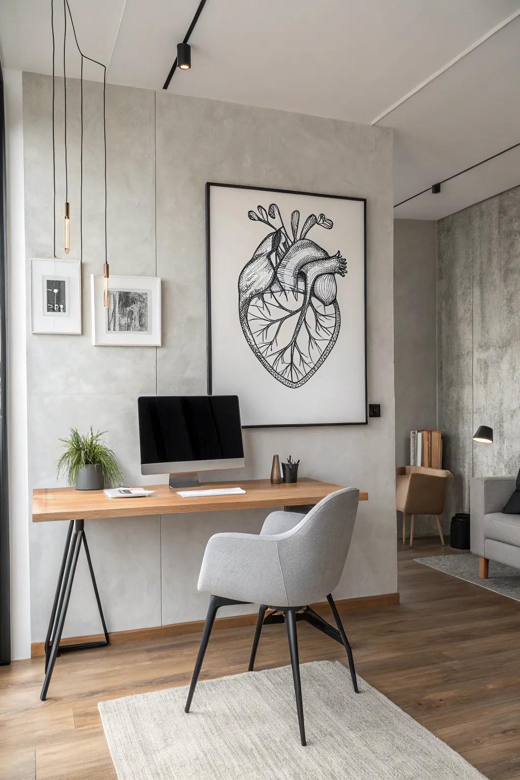 Minimalist heart line artistry formulates a daring, uncomplicated declaration.