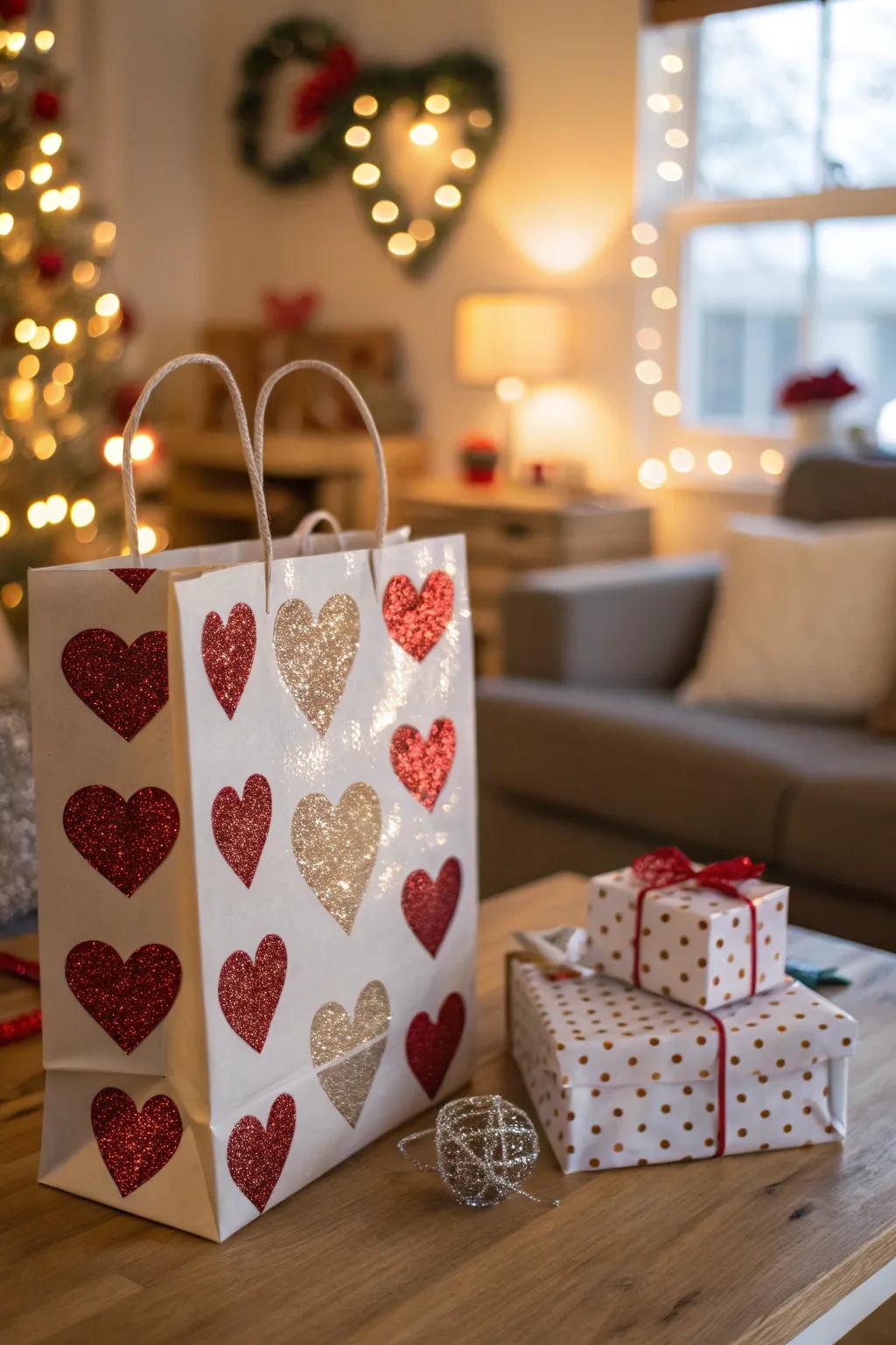 Radiant Valentine's bag featuring glitter accents.