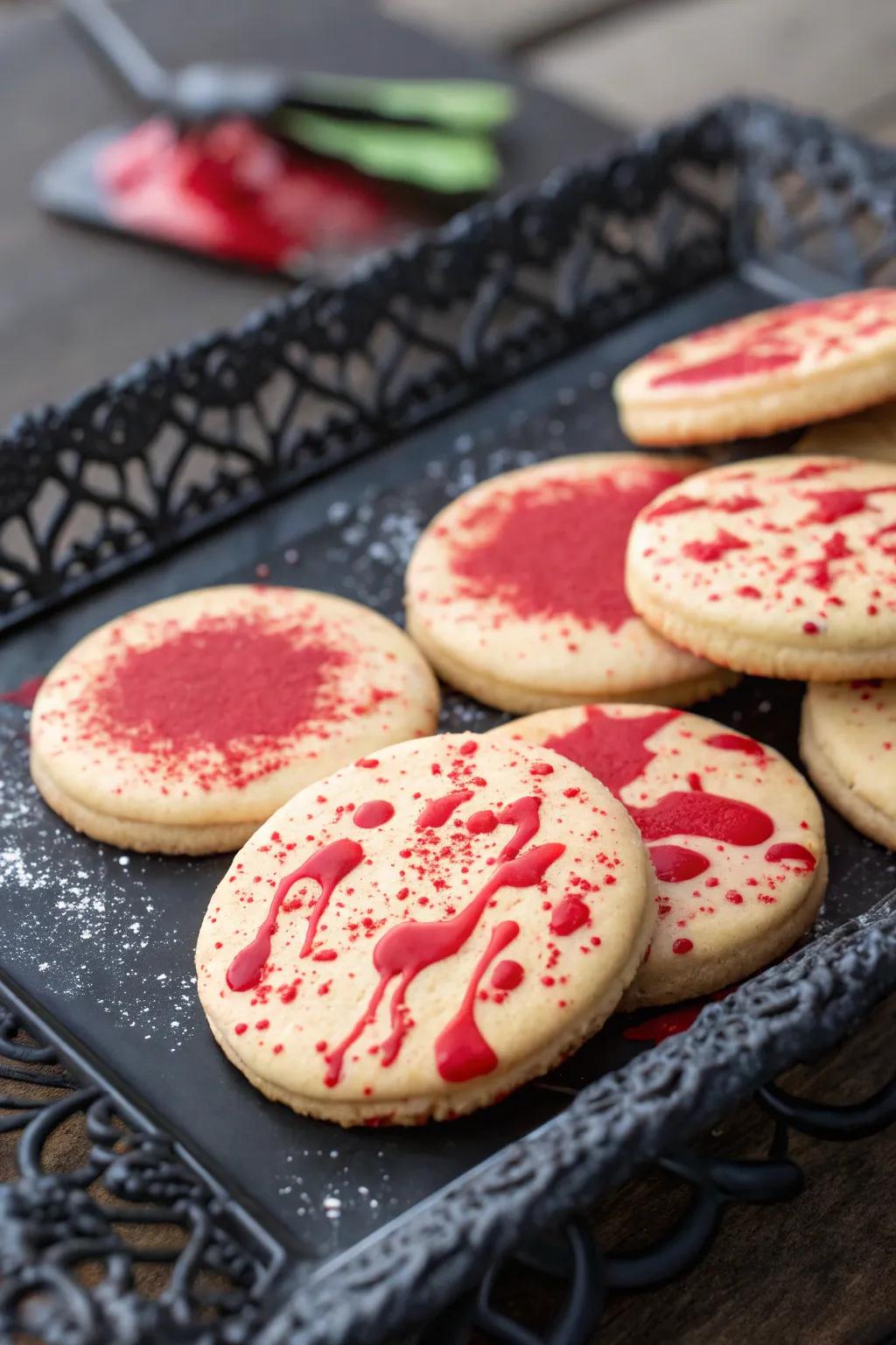 Biscuits displaying a blood-like spatter constitute a delectably spectral indulgence.