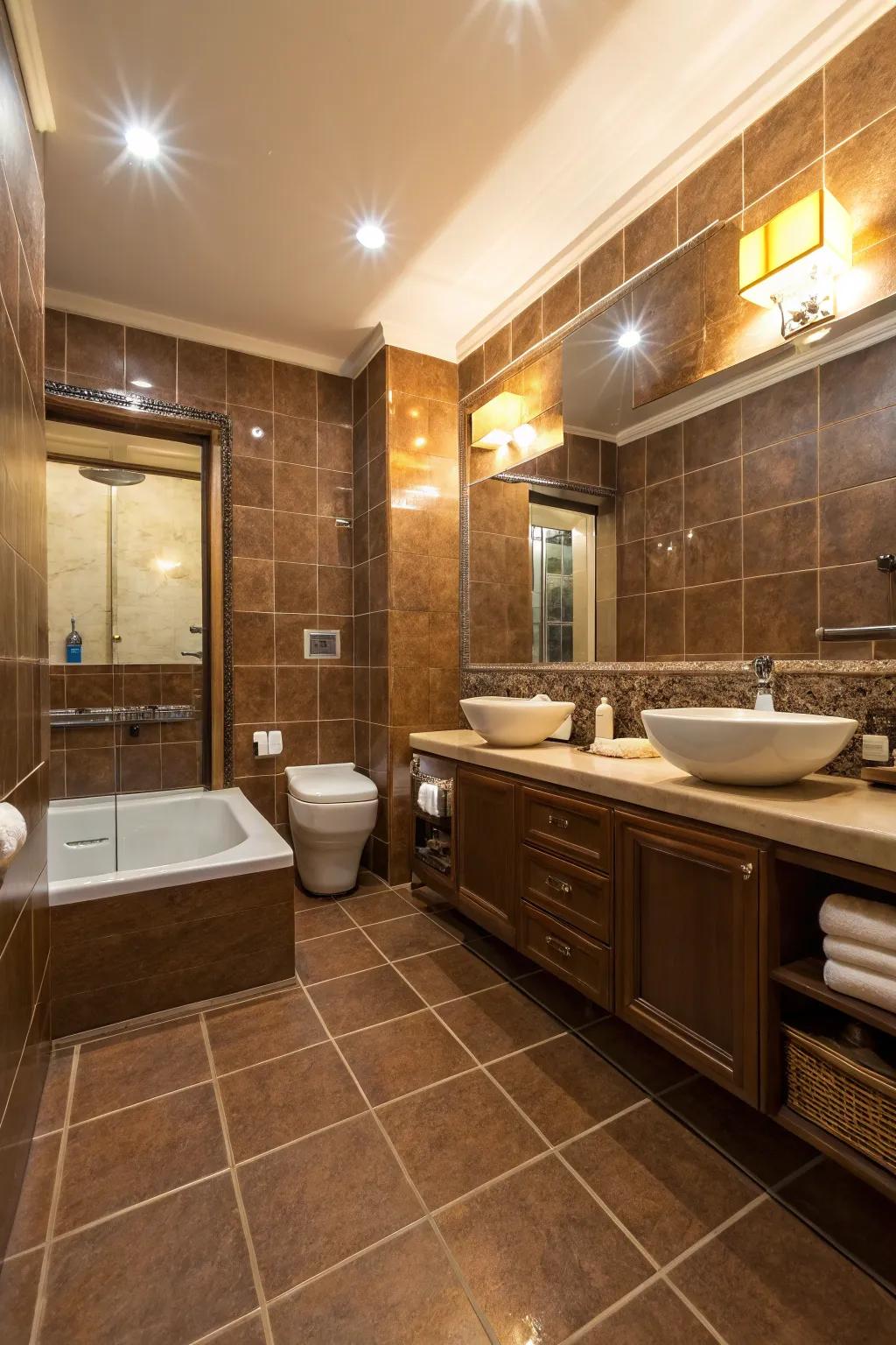 Blending surfaces adds visual texture to vintage brown tiles.