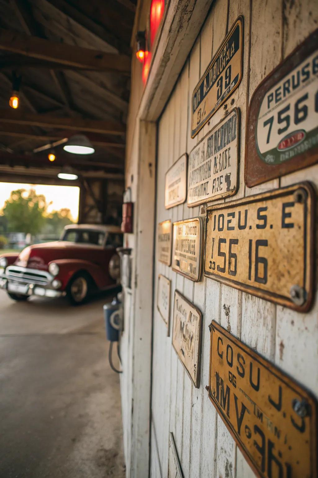 Antique vehicle tags add a personal touch to the decor.