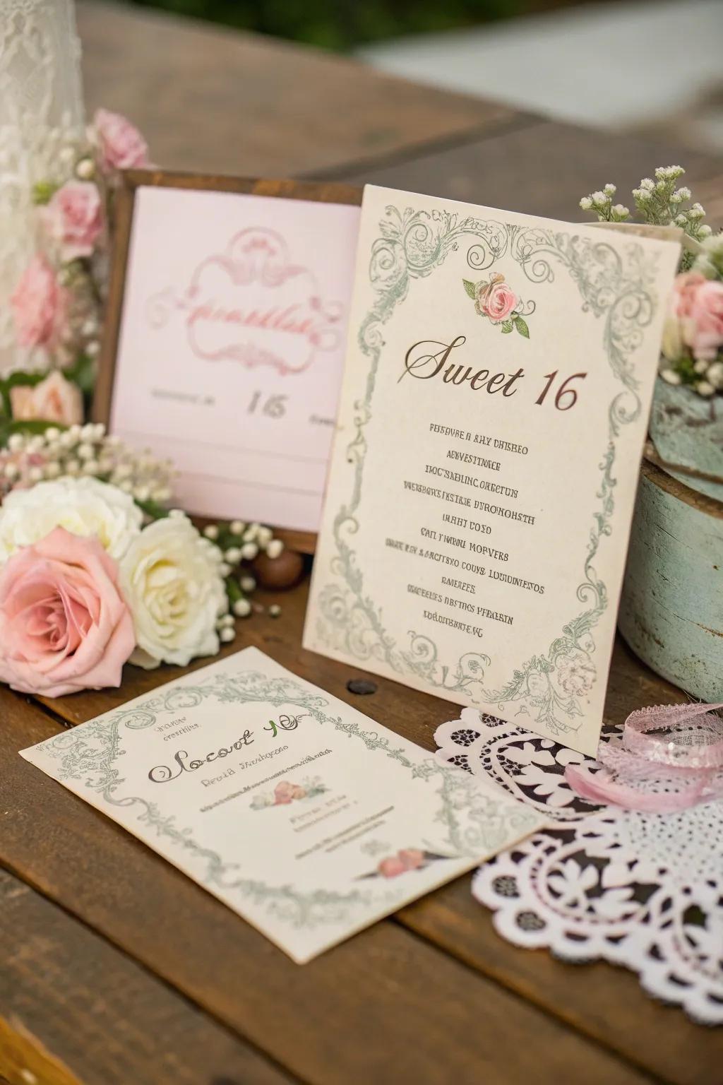 Exquisitely designed vintage-inspired invitations setting the tone for the party.