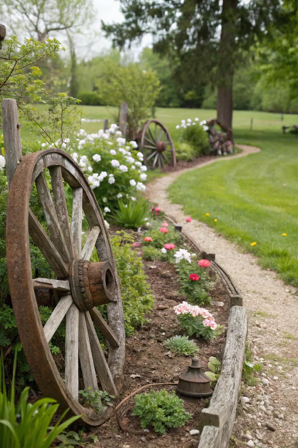 Partially submerged cartwheels lining a garden walkway, offering whimsical guidance.