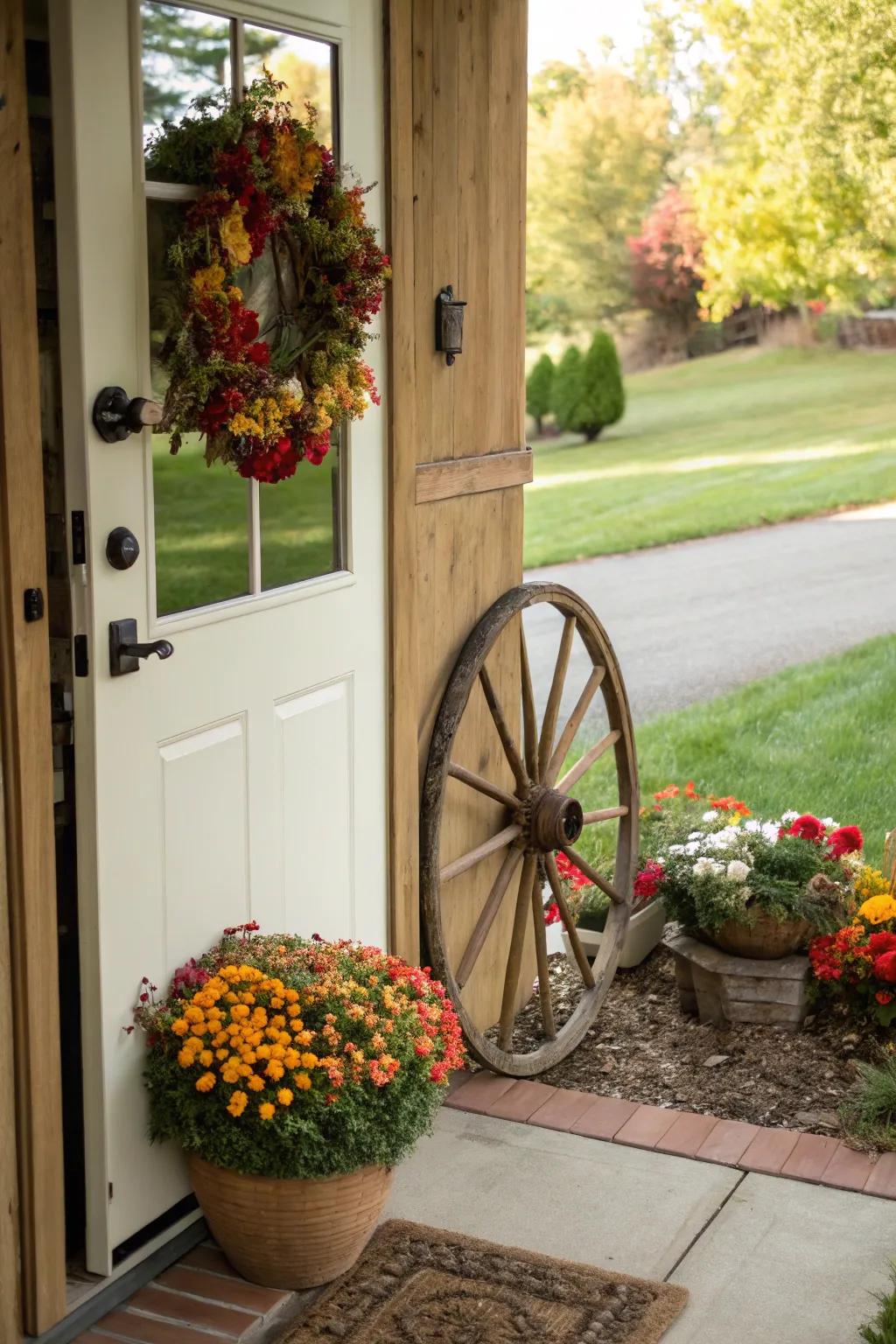 A flower-beautified cart wheel introduces a delightful charm to this door.