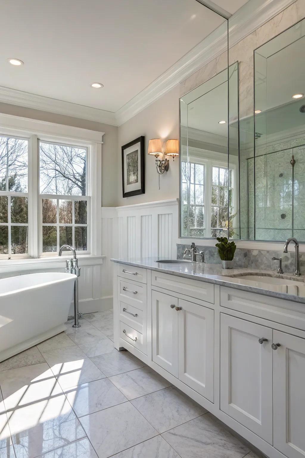Glass aspects and white paneling create a sleek, modern bathroom.