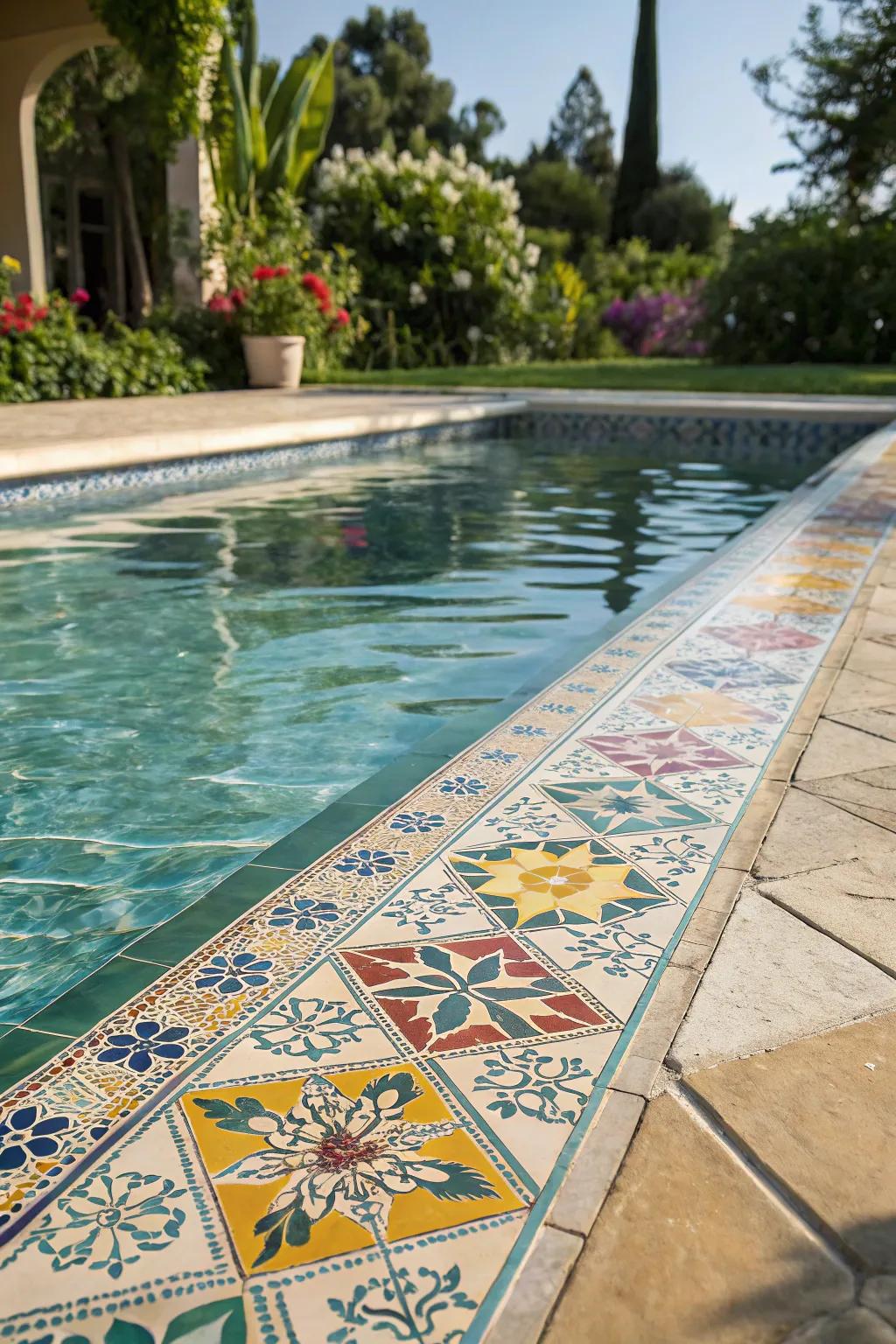 Waterline tiles add refinement and color to the pool’s edge.