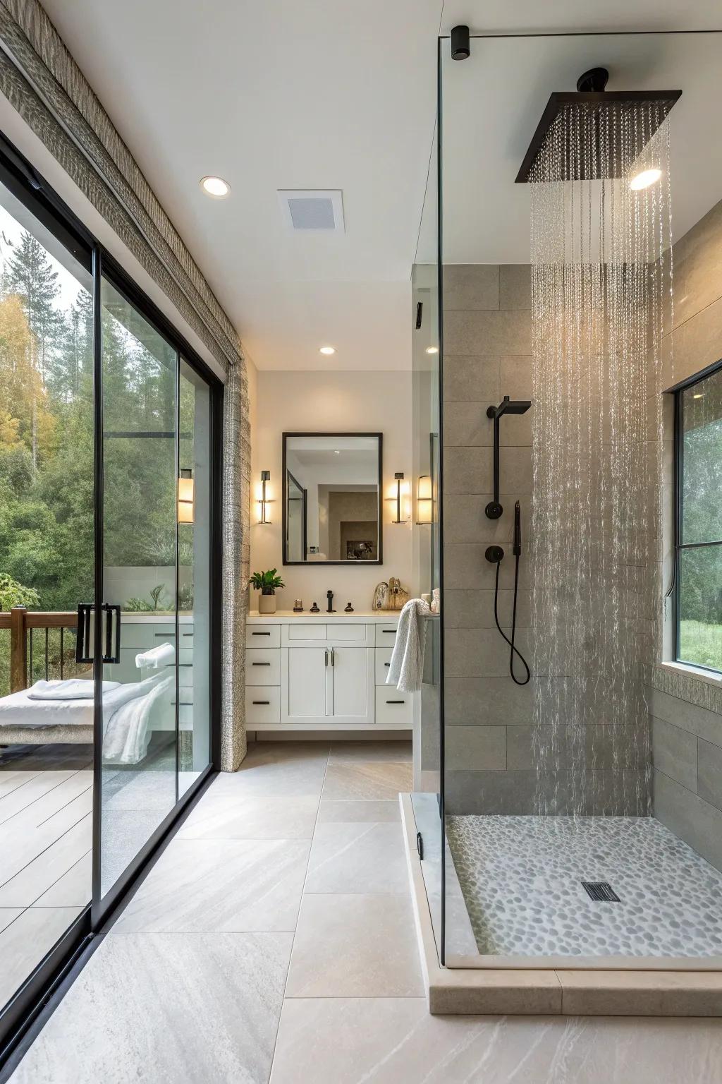 An open concept design lends elegance and a contemporary sensation to this walk-in shower.