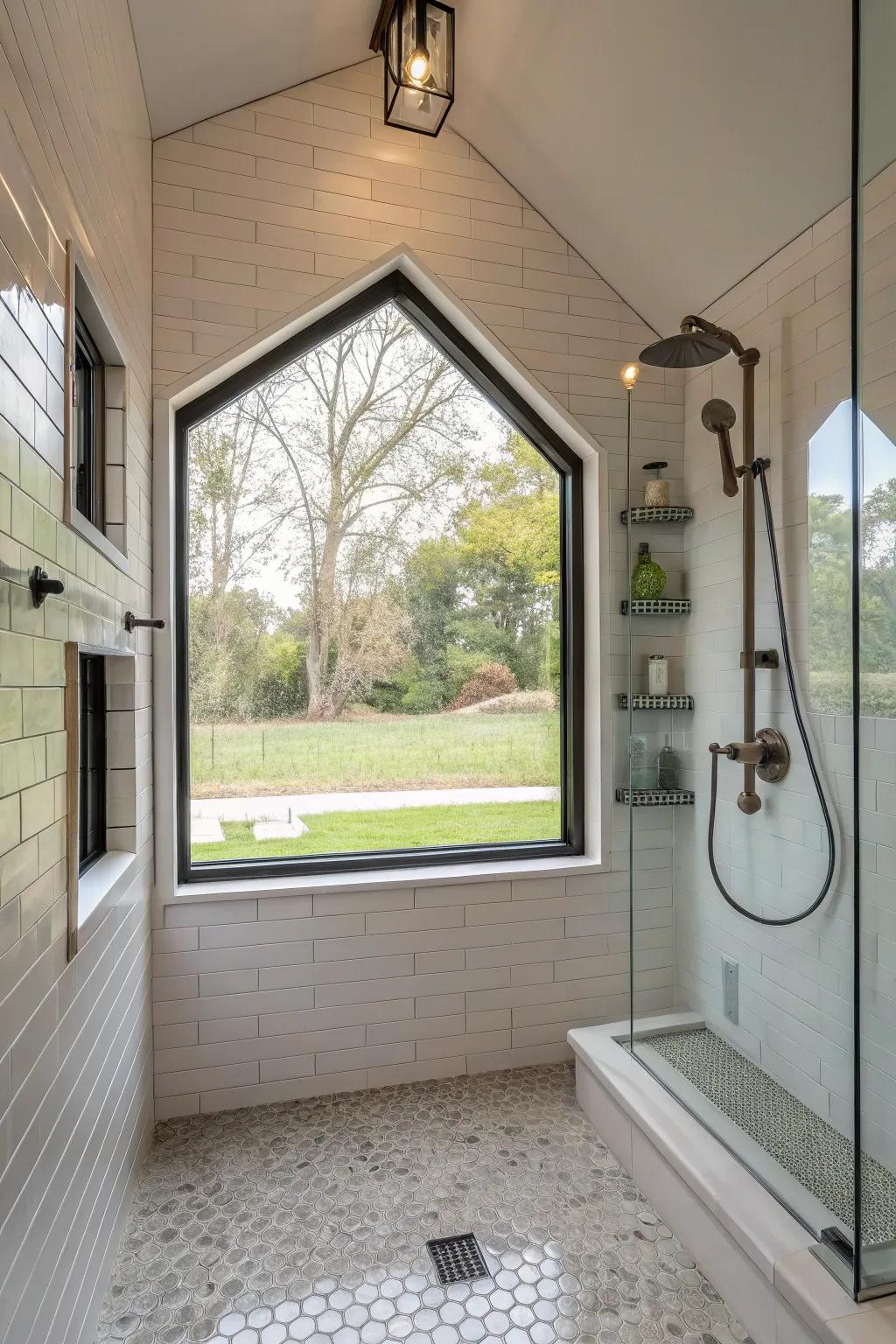 A custom-shaped window in a walk-in shower, adding a distinctive touch and personality.