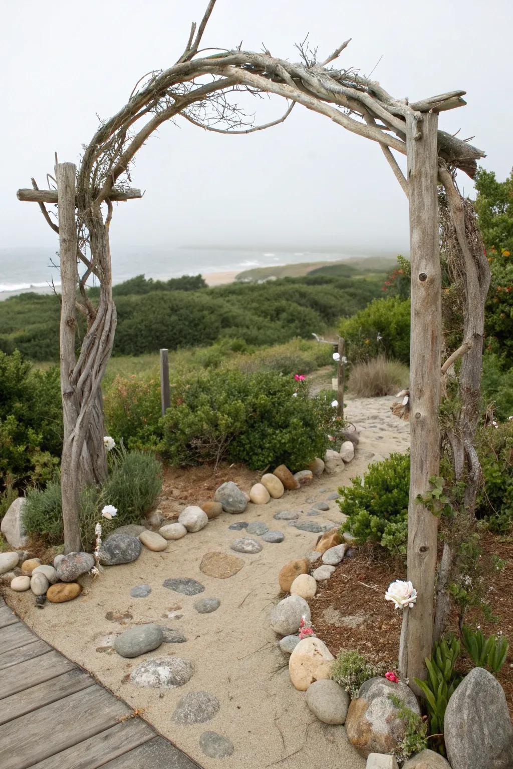 Driftwood arches convey a hint of coastal charm to garden environments.