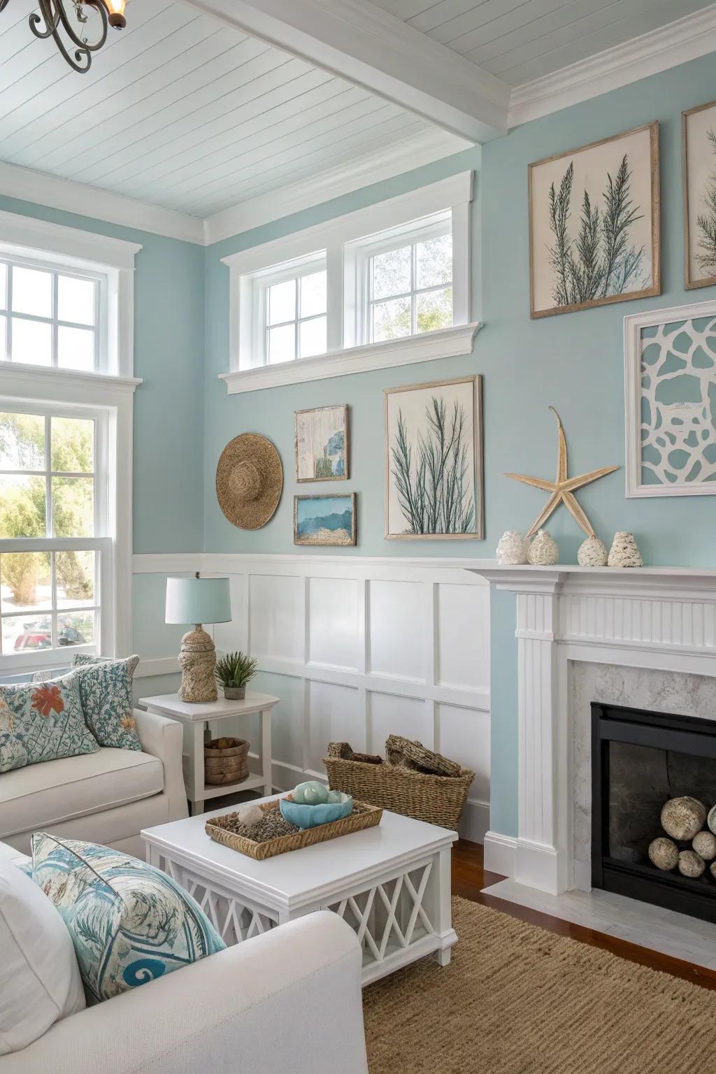 Airy and bright featuring pale blue walls and white trim.