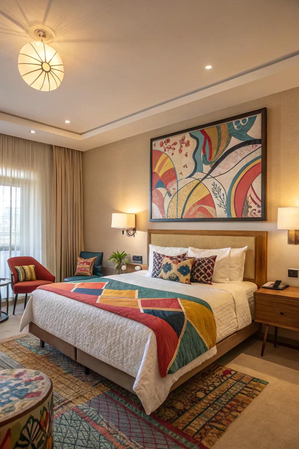 Non-representational art adds a modern touch to the bedroom.