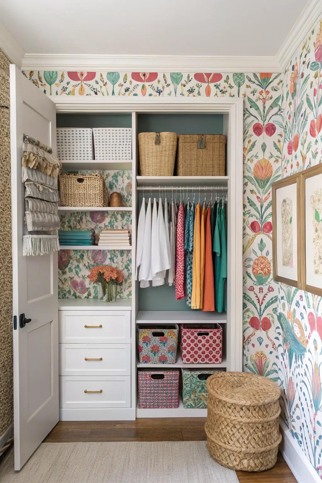 Artistic touches in wall closets add personality and style.