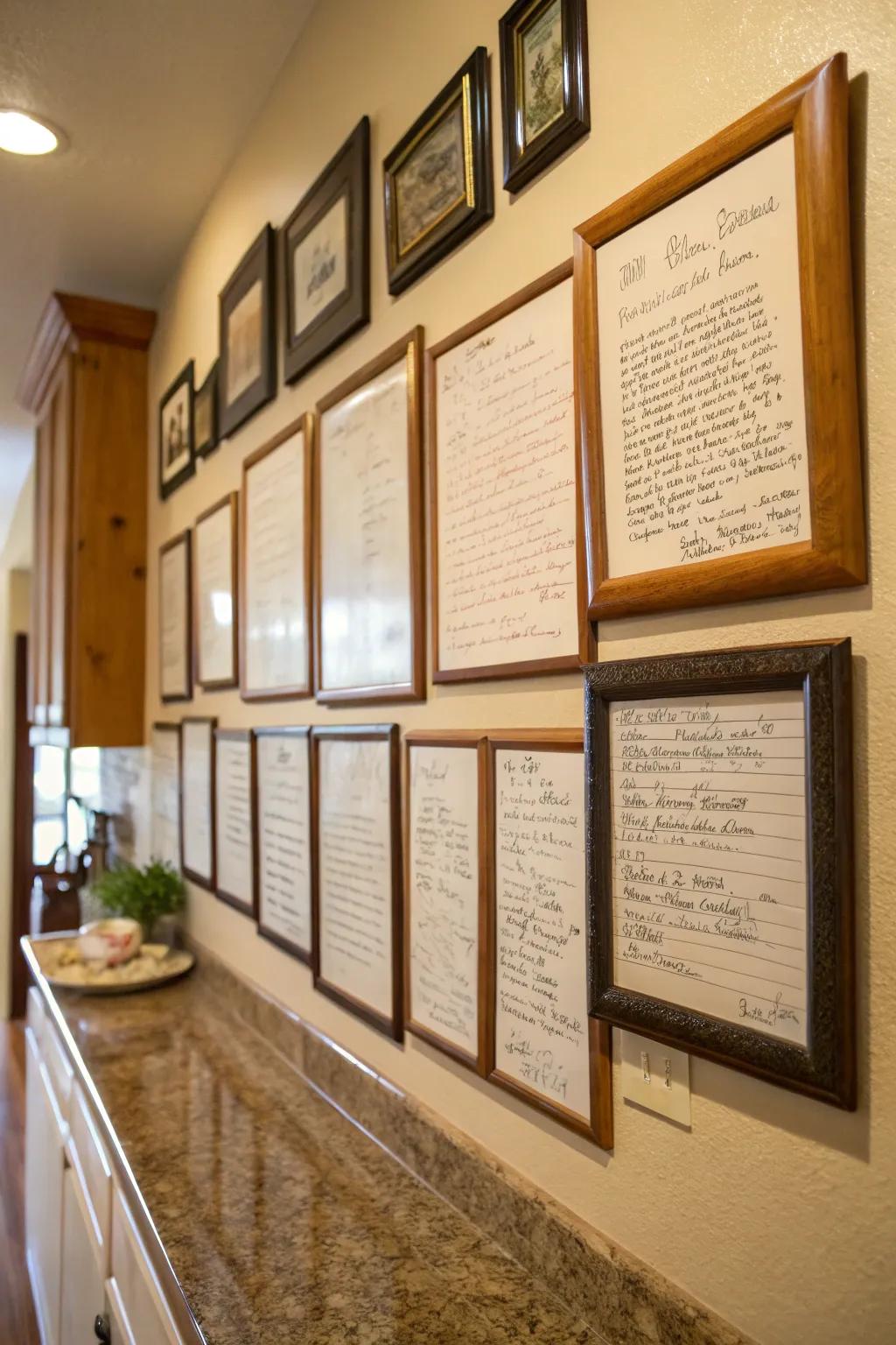 Framed recipes contribute a personal and nostalgic element.