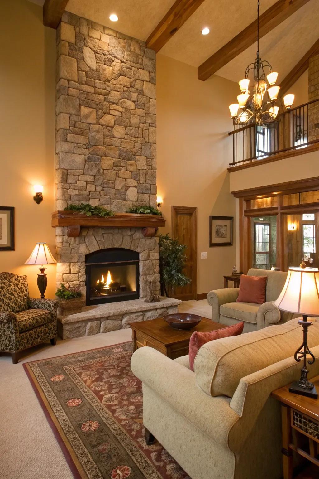 Stone overlay appends rustic allure.