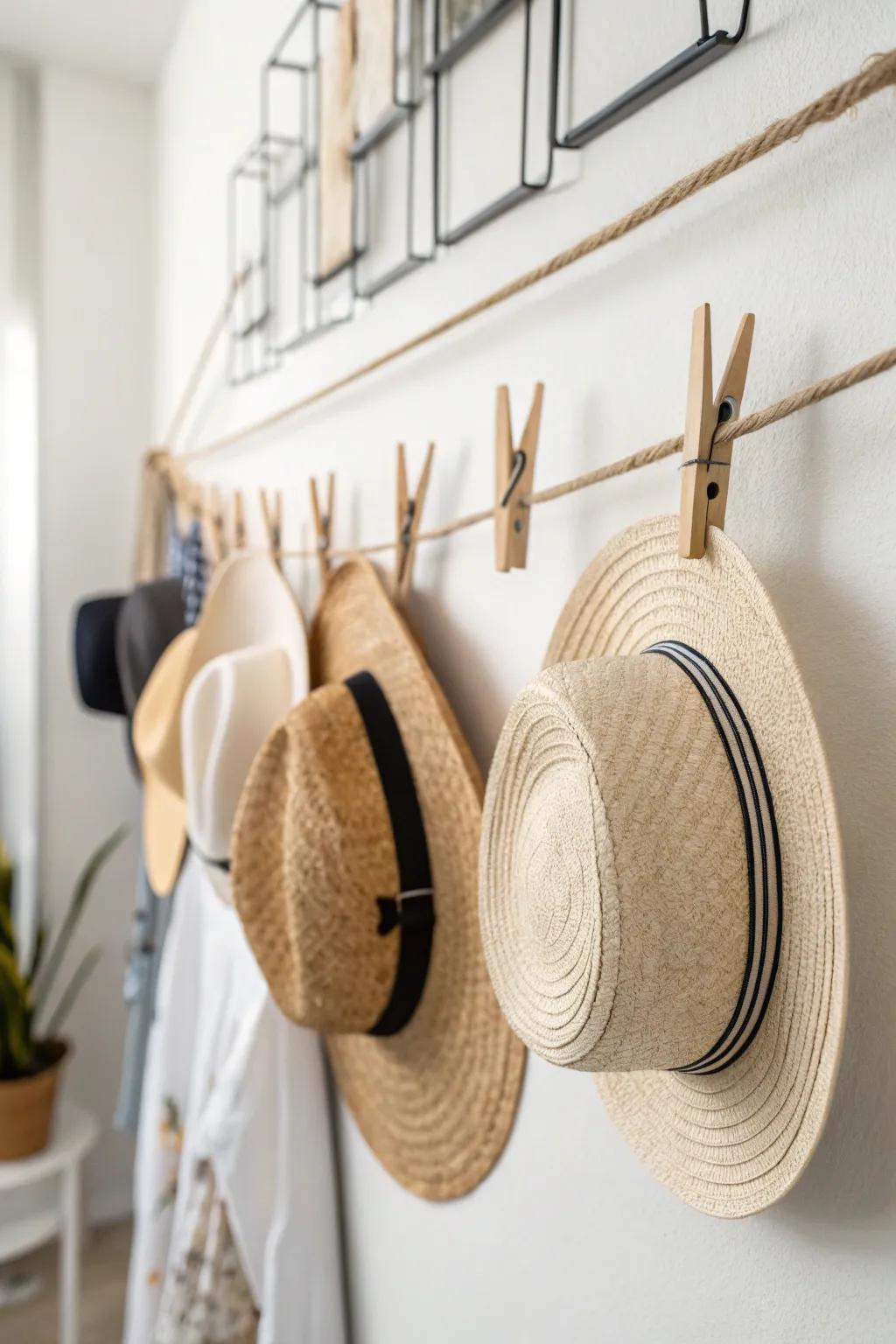 A simple and effective hat display using wall clips
