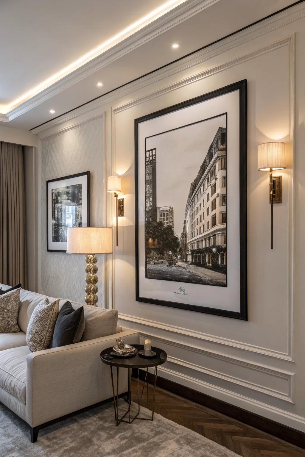Monochrome posters emanate timeless elegance.