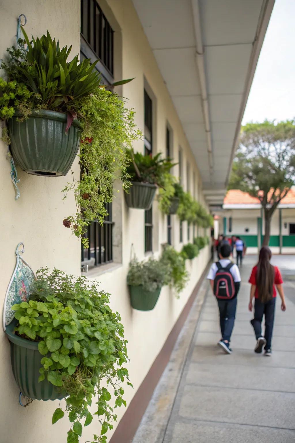 Hanging gardens adding greenery to a school wall