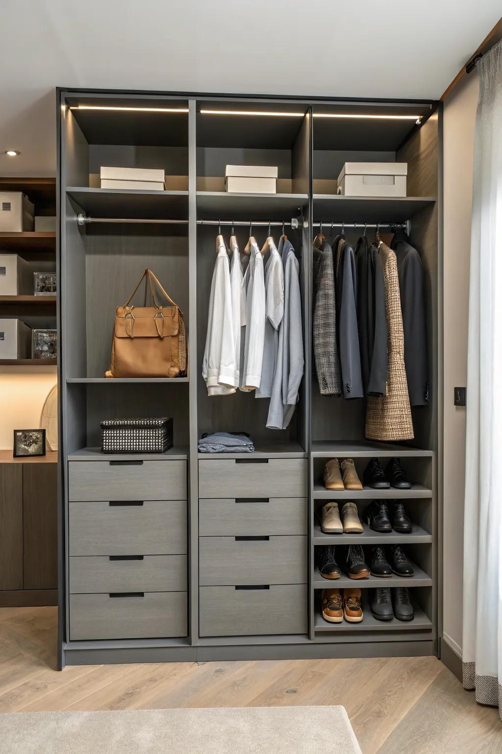 A flexible modular closet arrangement.