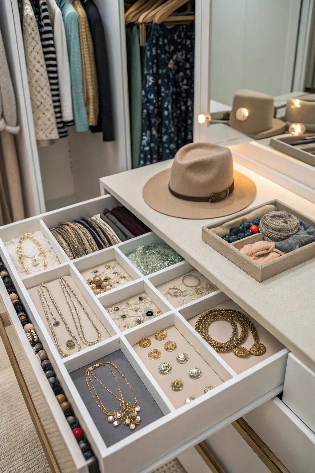 Extendable shelves provide elegant and structured accessory storage.