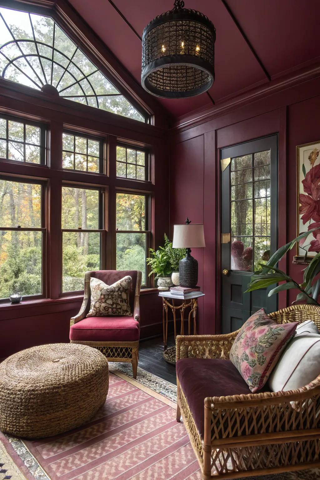 Sunroom with profound wine walls, presenting a dramatic and unique impression.