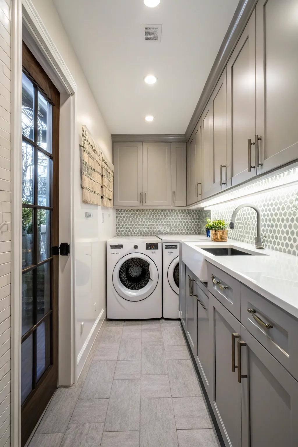 A line layout makes the most of space for a clothes cleaning system in the kitchen.