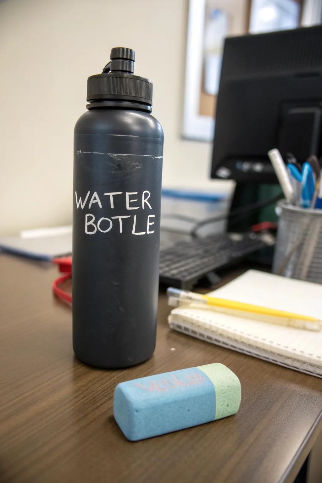 Interactive chalkboard hydration container aesthetics for personalized creativity.