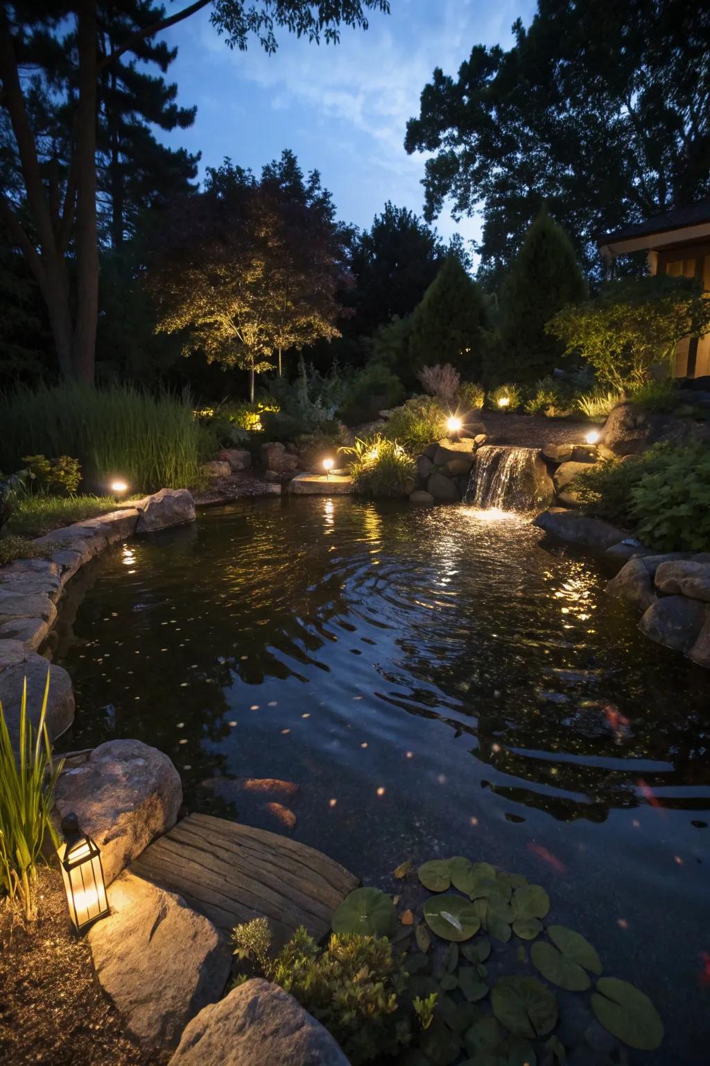 Underwater lighting creates magical twilight scenes in garden water features.