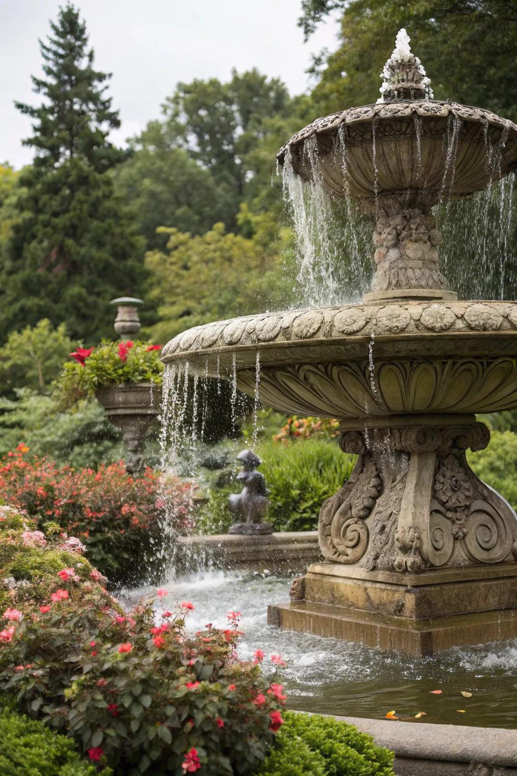 A creative fountain cascade serves as a garden centerpiece.