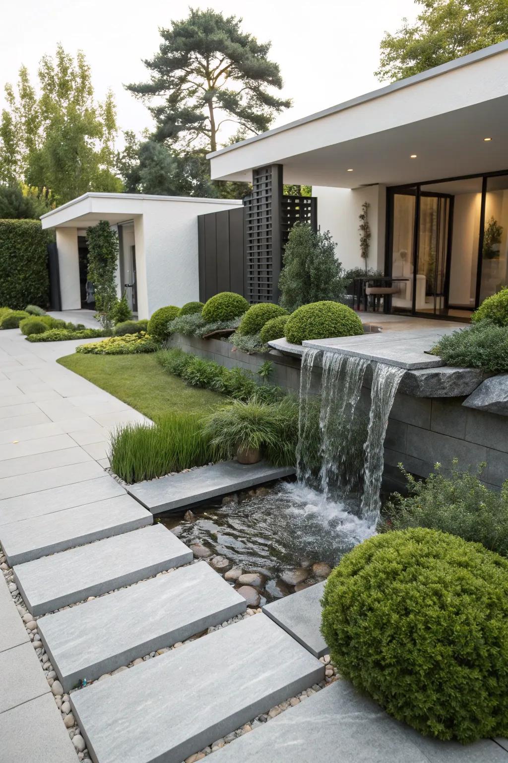 A simple stone waterfall offers a clean and modern look.