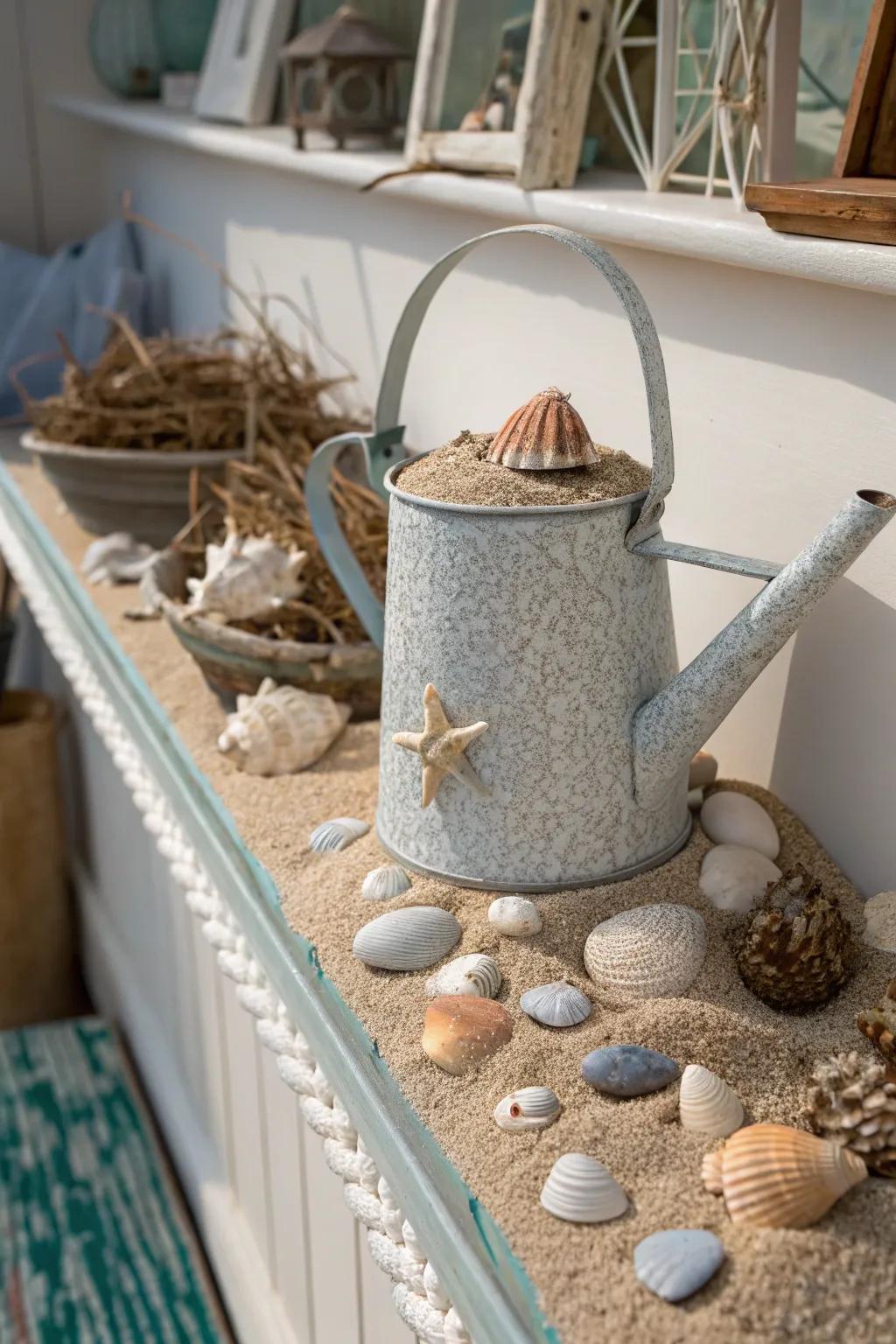 A beach-inspired adornment utilizing a watering can with ocean shells.