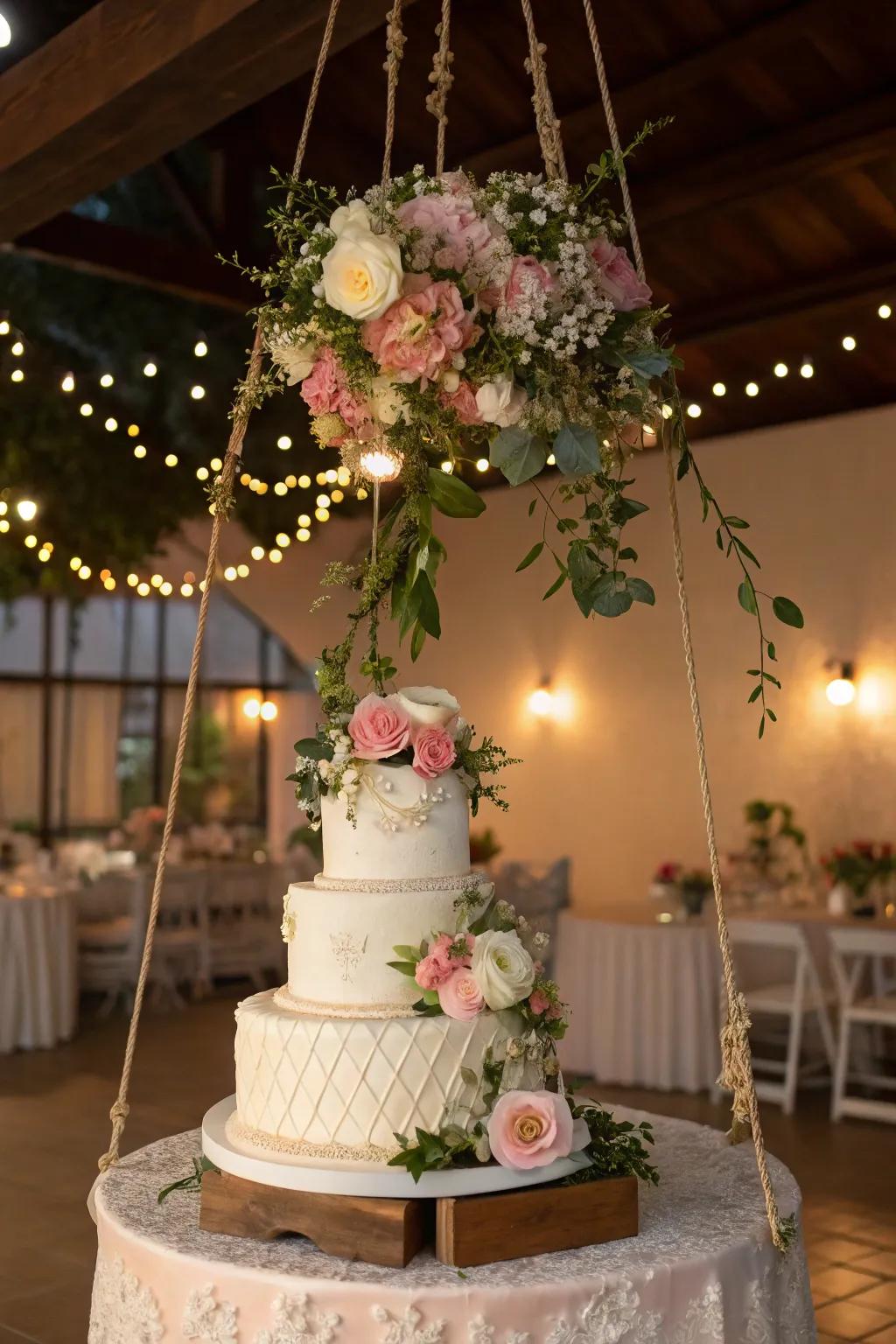 Dangling flowers introducing a whimsical charm to the wedding cake display.