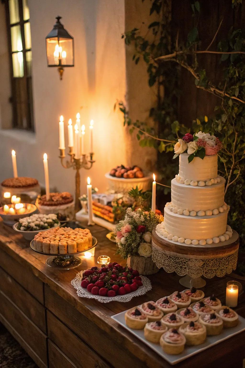 An irresistible dessert table enhanced by candlelight.