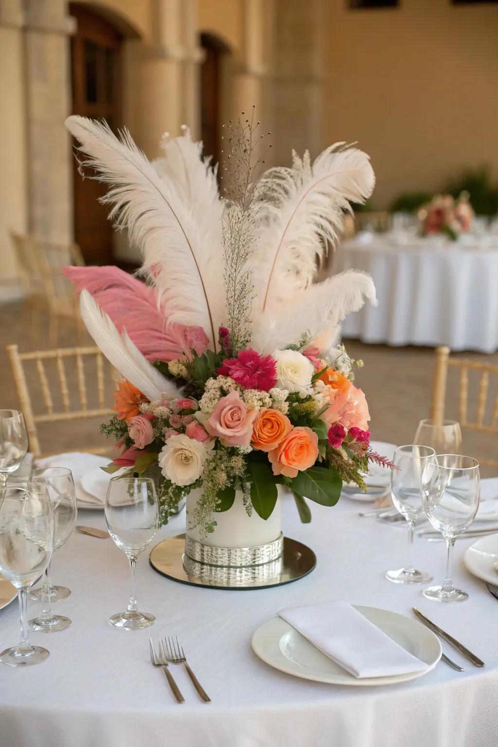 Quirky plumes inject contour and frivolity within the centerpiece.