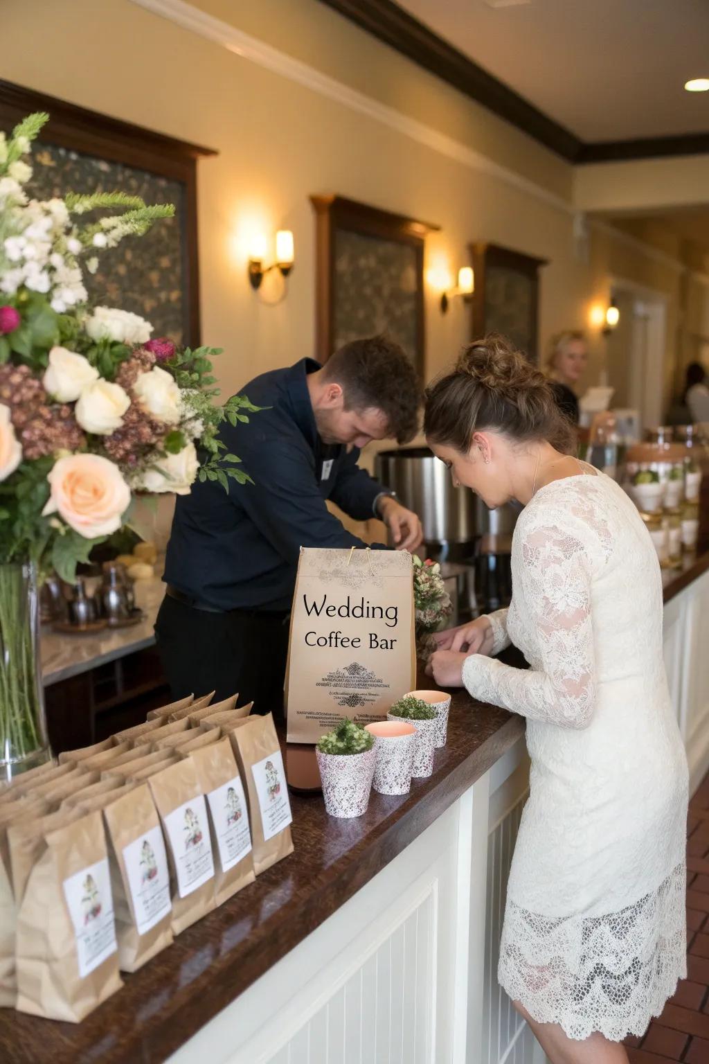 Coffee seeds as wedding gifts at a coffee bar.