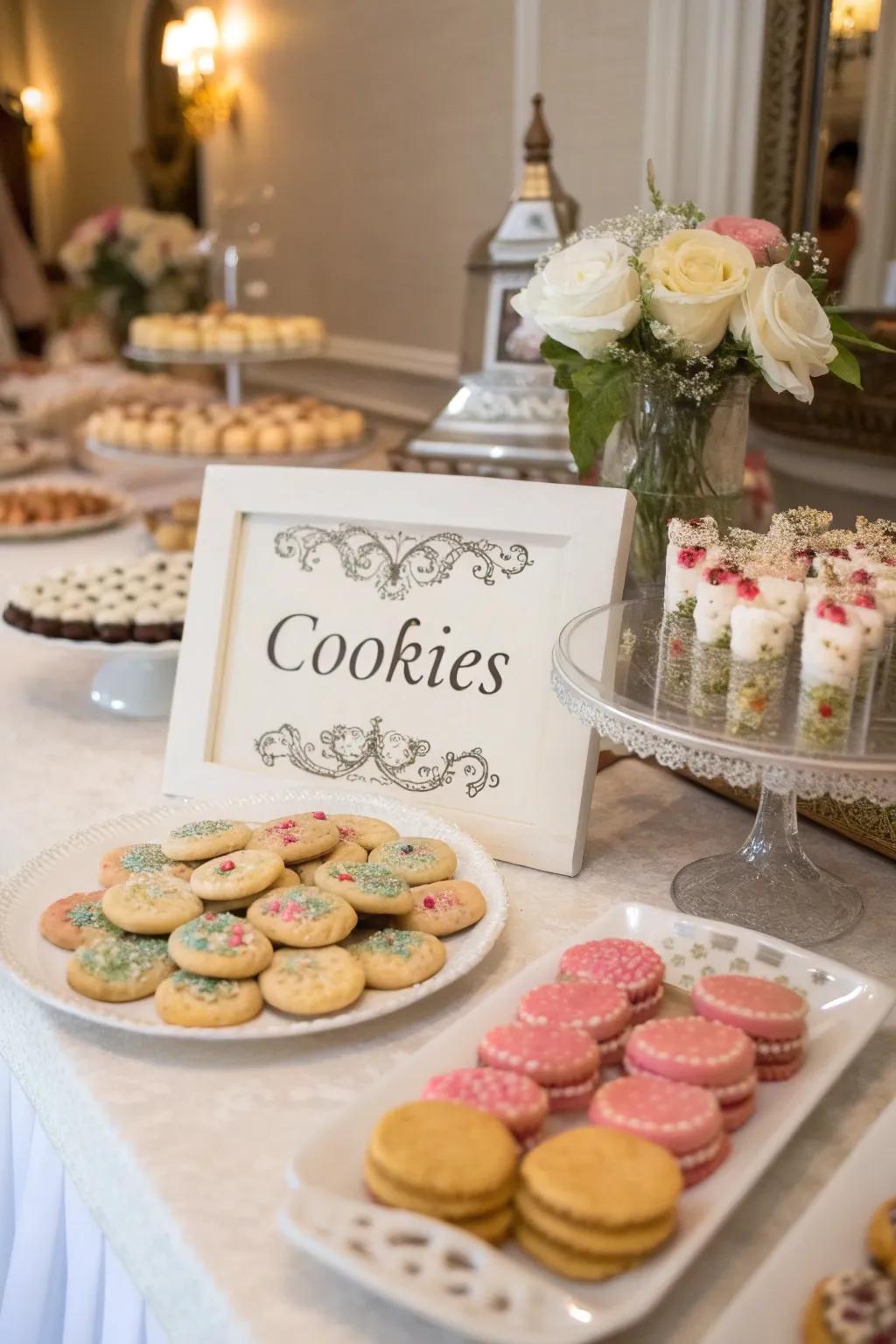 Labeled signage introduces clarity and organization to a wedding cookie display.
