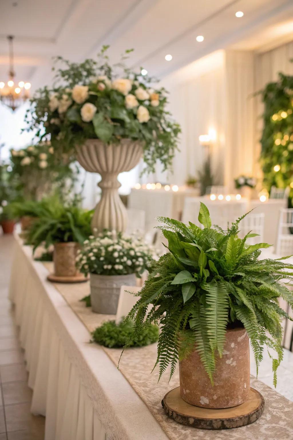 Potted greenery bring vitality and sustainability to wedding decorations.