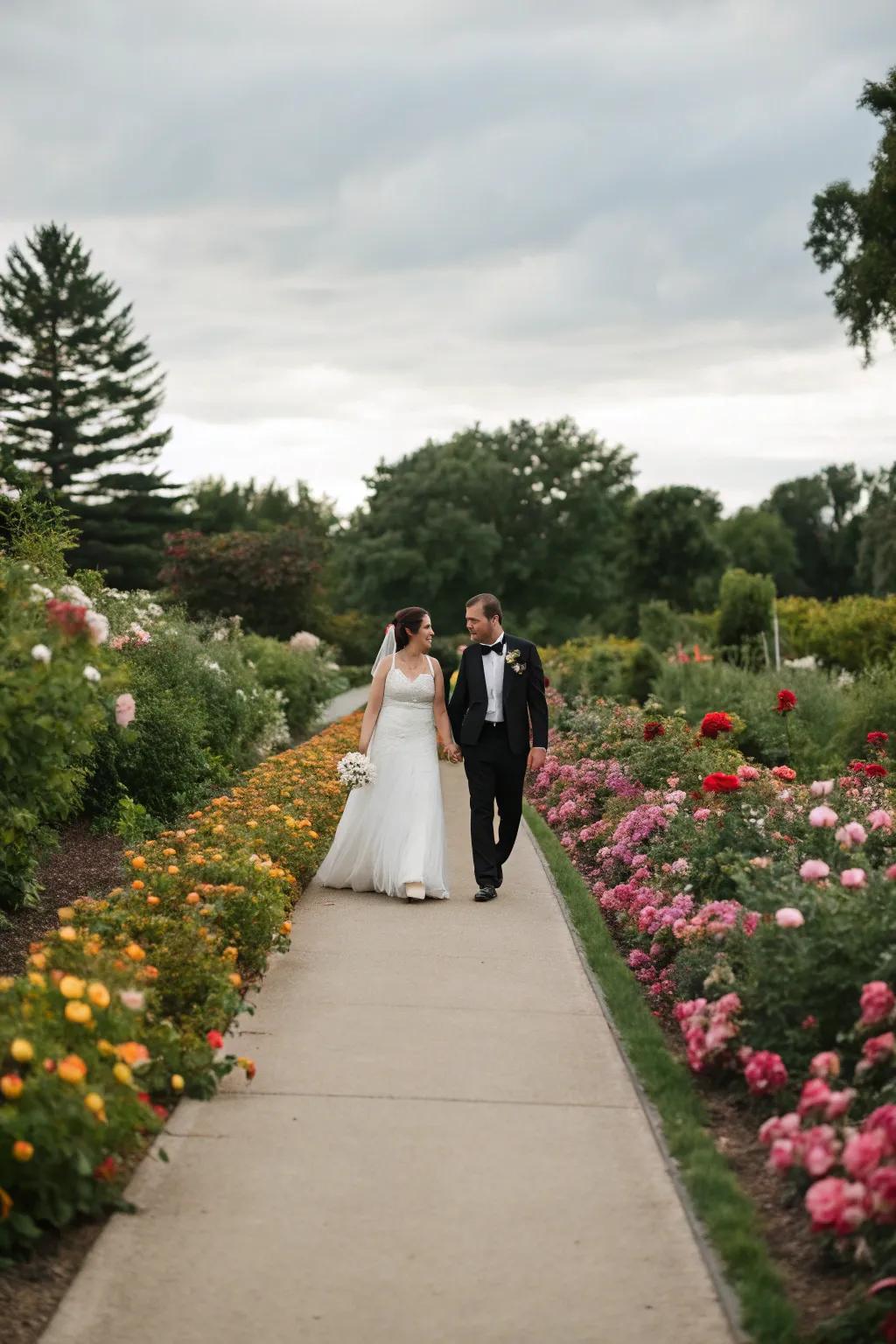 A flower-lined pathway adds natural beauty to the couple's entrance.
