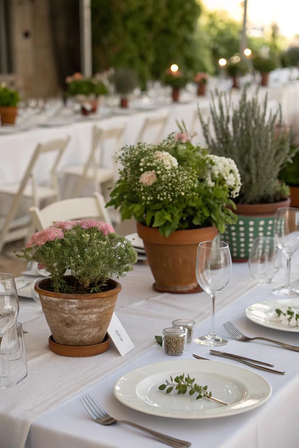 Eco-conscious potted florals as wedding centerpieces