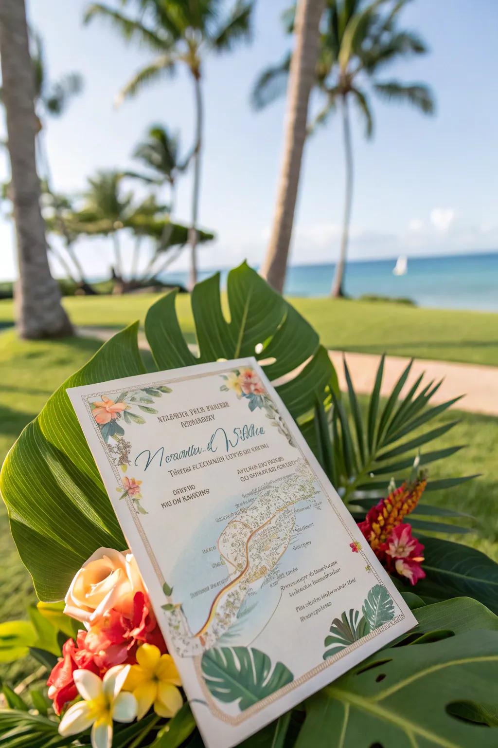 Destination invitation with a map and tropical motifs.