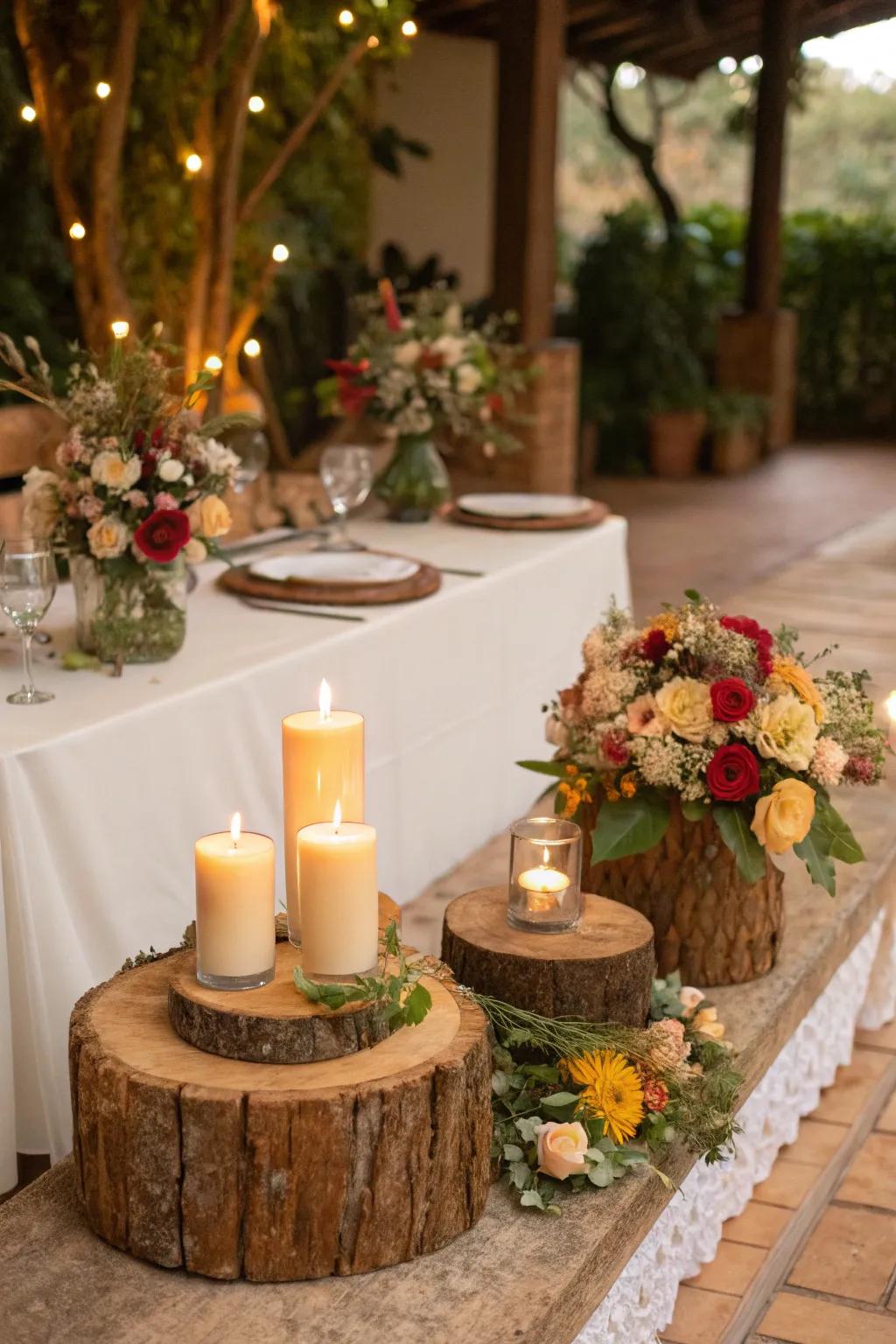 Wooden platforms contributing to the centerpiece's rustic allure.