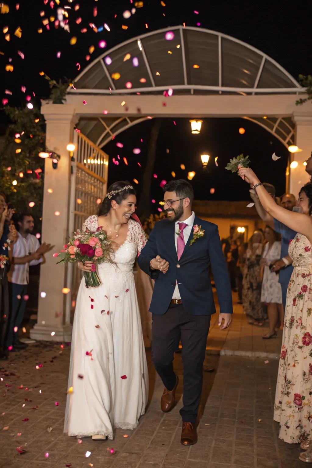 An unforgettable wedding exit sprinkled with blossom petals.